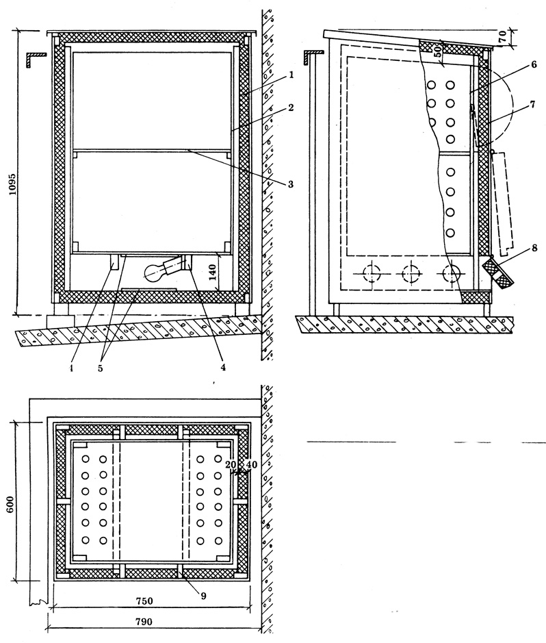 Рис. 2. Конструкция термоящика: 1 - наружный ящик; 2 - внутренний ящик; 3 - съемная полка; 4 - опорный брусок; 5 - асбестовая ткань; 6 - створка внутреннего ящика; 7 - створка наружного ящика; 8 - лючок; 9 - направляющий брусок
